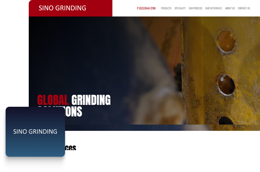 Screenshot of the Sino Grinding website showcases expert Web Design with a navigation menu, company name, contact number, and a striking background image of industrial machinery with “GLOBAL GRINDING SOLUTIONS” partially visible.