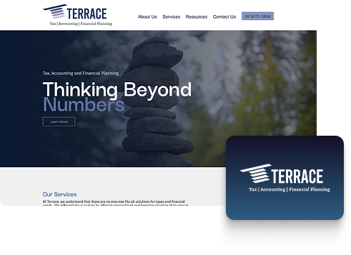 A website homepage for Terrace, a tax, accountancy, and financial services firm, featuring a stacked stone background, company logo, navigation menu, and the headline Thinking Beyond Numbers.