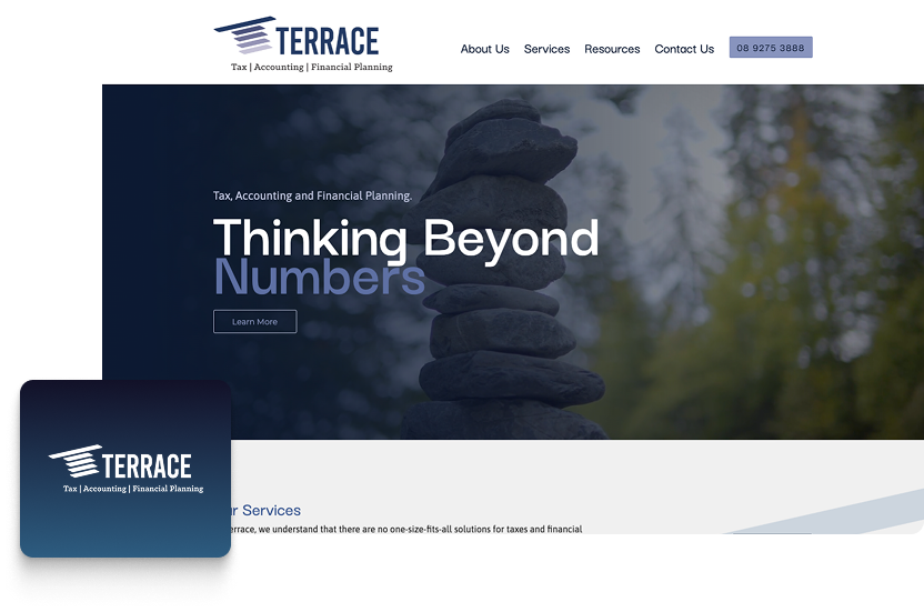 A website homepage for Terrace tax, accounting, and financial planning features a stack of balanced stones, blue branding, navigation links, and a Thinking Beyond Numbers tagline overlaid on a blurred nature background, highlighting expert Financial Services.