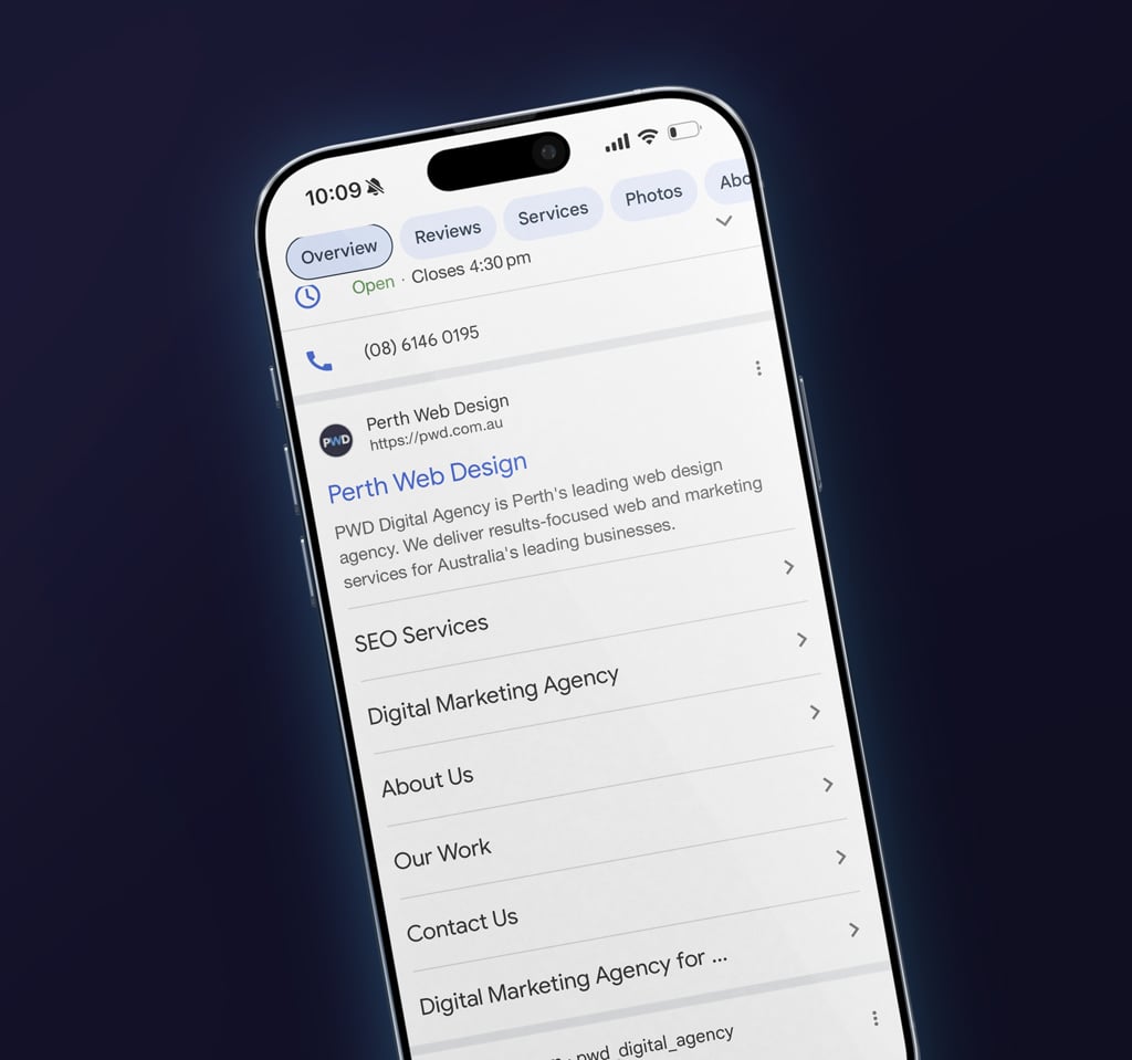A smartphone screen displays a Google search result for Perth Web Design, showing business details, contact info, website link, and service categories like SEO Services and Digital Marketing Agency.
