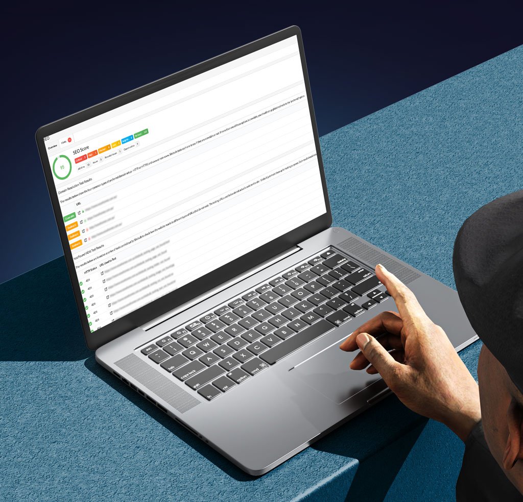 A person using a laptop views a dashboard displaying Technical SEO alerts, status indicators, and notifications. The brightly lit scene contrasts with the dark blue background.