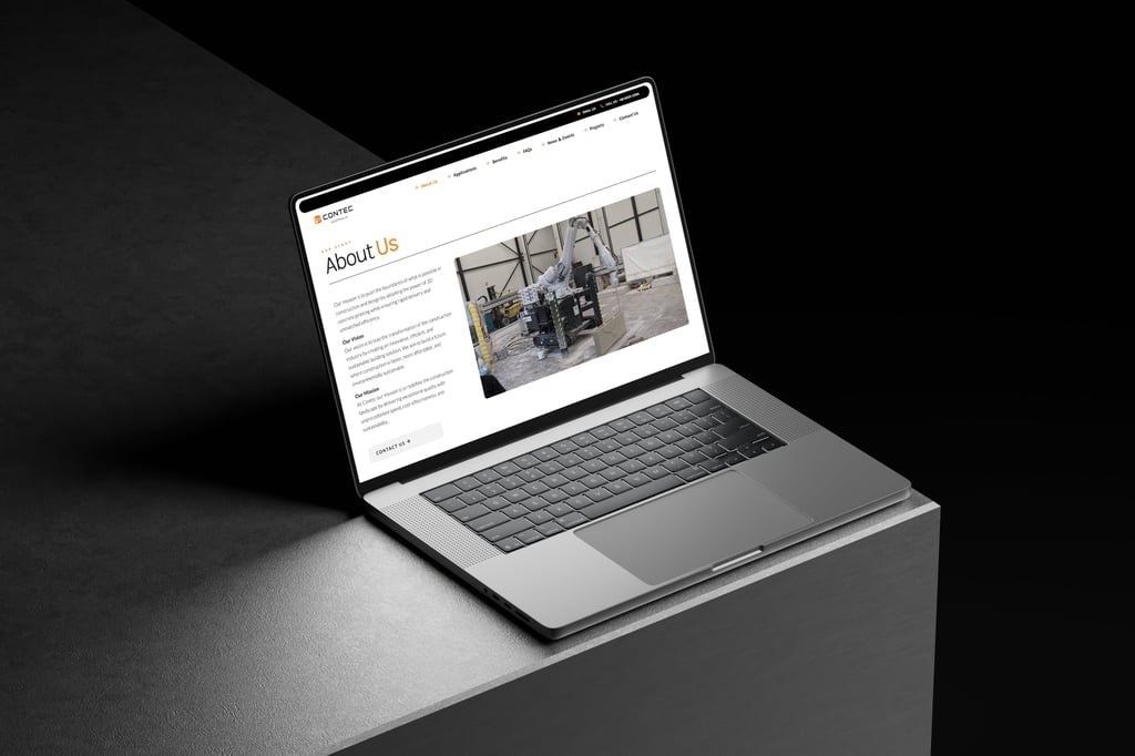 A laptop on a grey surface displays Contec Australia’s About Us page, featuring text on the left and a large industrial machine photo on the right, set against a dark background.