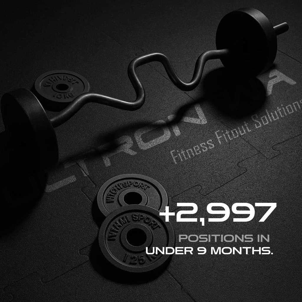 A zigzag barbell, weight plates, and gym flooring are shown in a dark, dramatic setting. Overlay text reads: +2,997 positions in under 9 months. The scene suggests growth and achievement in fitness.