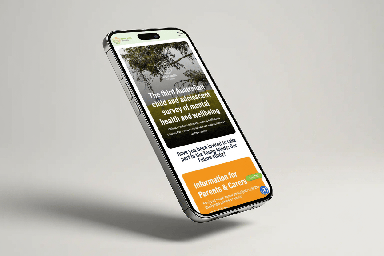 A smartphone displaying a webpage about the third Australian child and adolescent survey of mental health and wellbeing, featuring information for parents and carers. The site highlights youth development as key to supporting young minds.