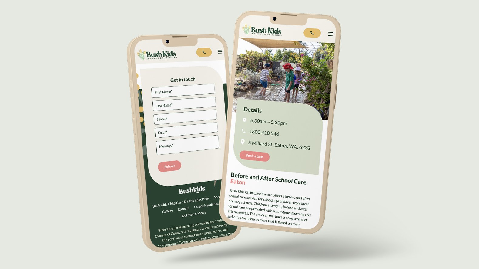 Two smartphones display Bush Kids’ website—one features a contact form, while the other shows children playing outdoors and details about early education and before and after school childcare programmes.