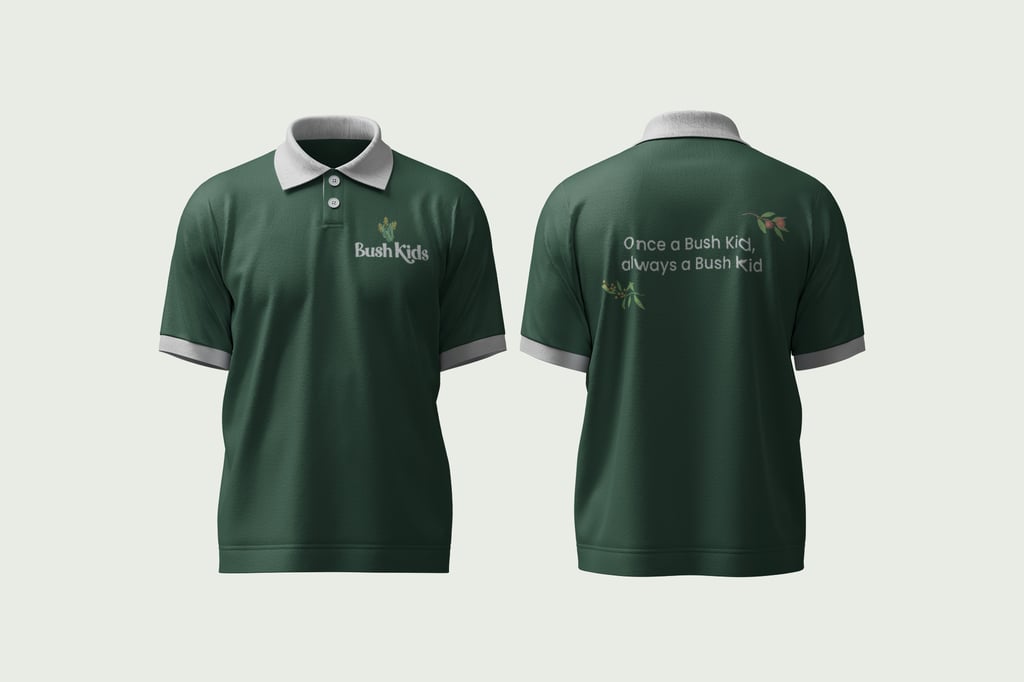 Dark green polo shirt with light grey collar and sleeve edges. The front features Bush Kids text and a small plant graphic, celebrating Early Education; the back reads "Once a Bush Kid, always a Bush kid" with another plant graphic above.