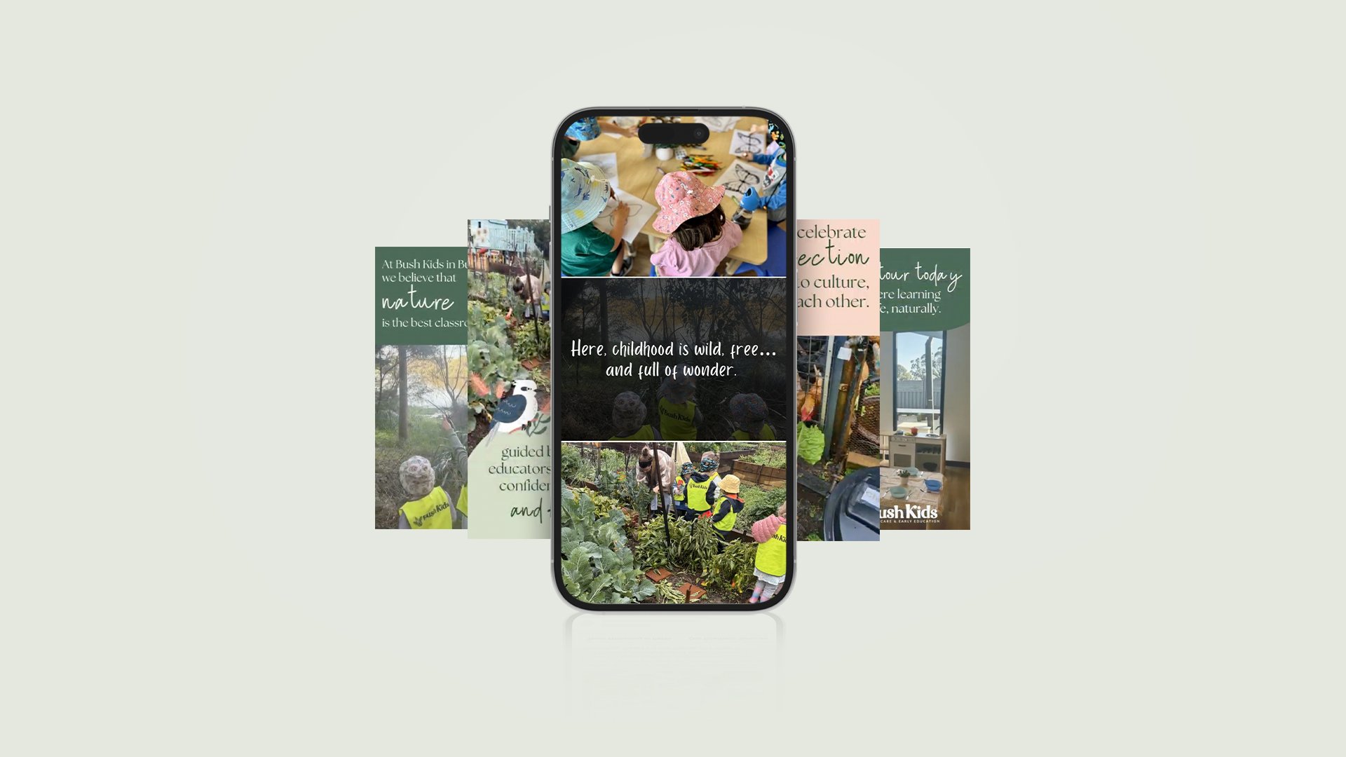 A smartphone displays a collage of children gardening and exploring nature at Bush Kids Child Care, surrounded by blurred images and text about early education, curiosity, and wonder. The central message reads, Here childhood is wild & free… and full of wonder.