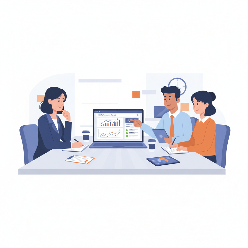 Business meeting discussing SEO rankings with a digital marketing agency