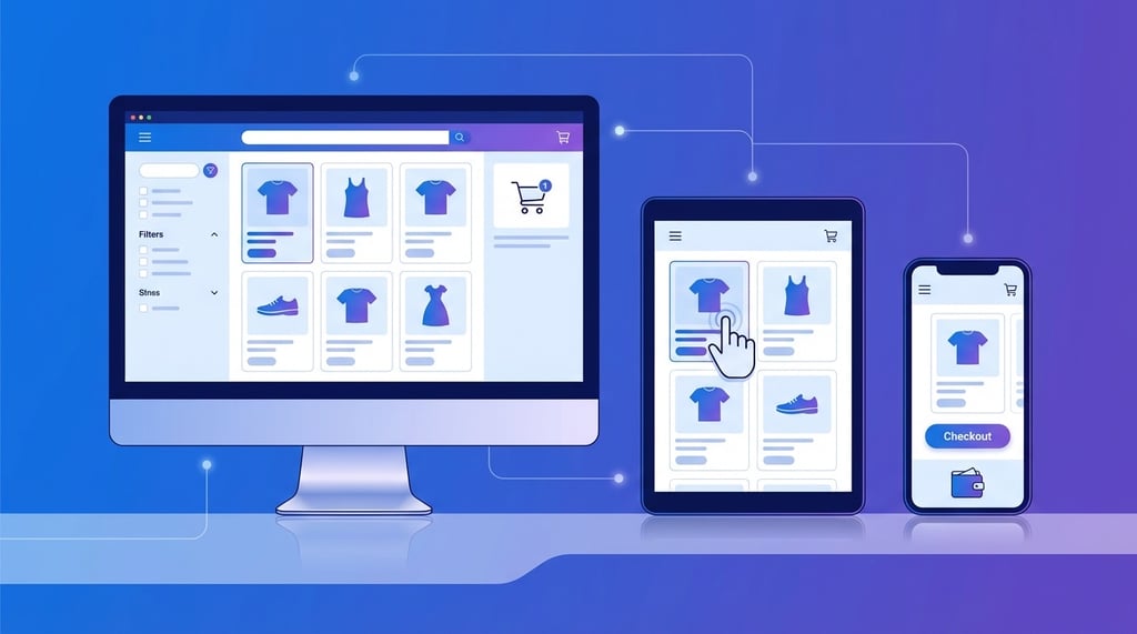 Responsive eCommerce website displayed across mobile phone tablet and desktop devices