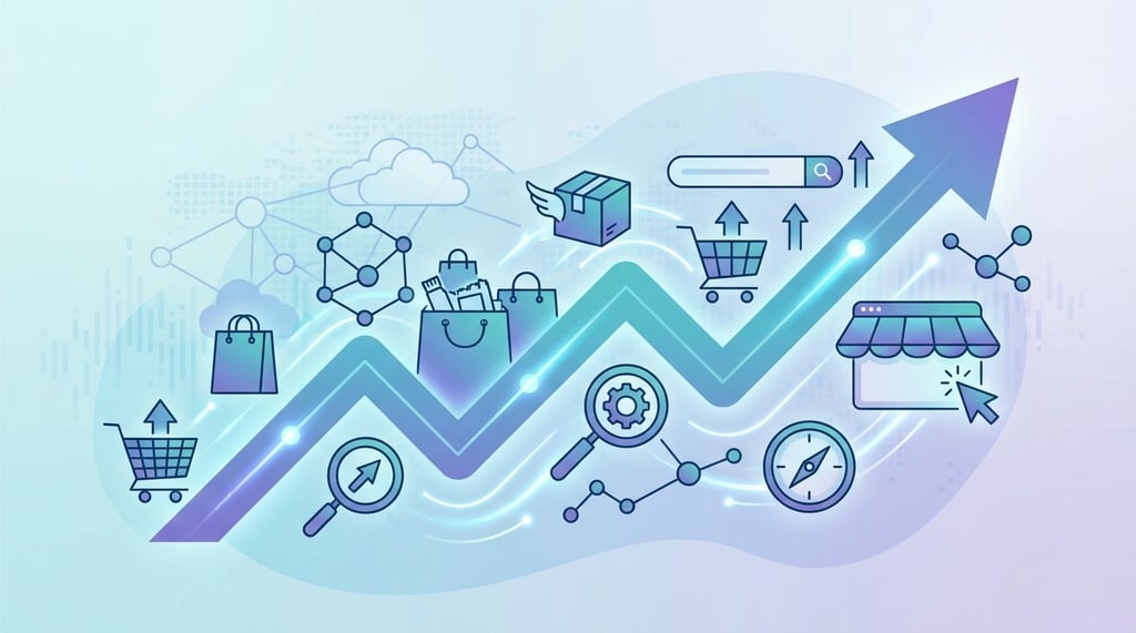 Upward trending eCommerce growth chart with shopping and digital marketing icons