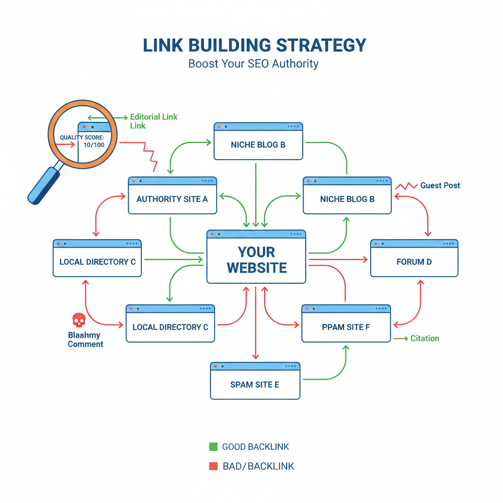 Link building strategy diagram showing quality backlink evaluation