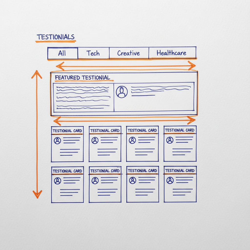 Scannable testimonial page grid layout with visual hierarchy