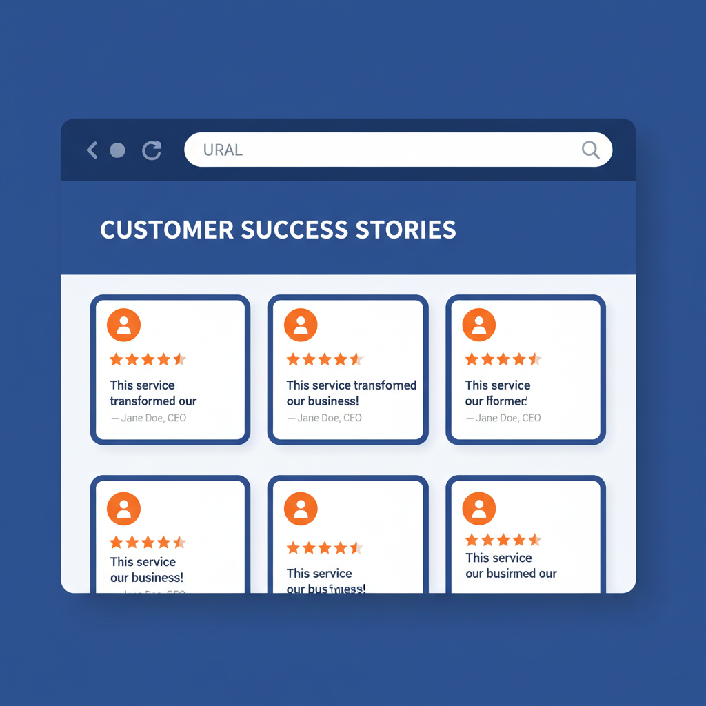 Testimonial page design layout with customer quote cards and star ratings