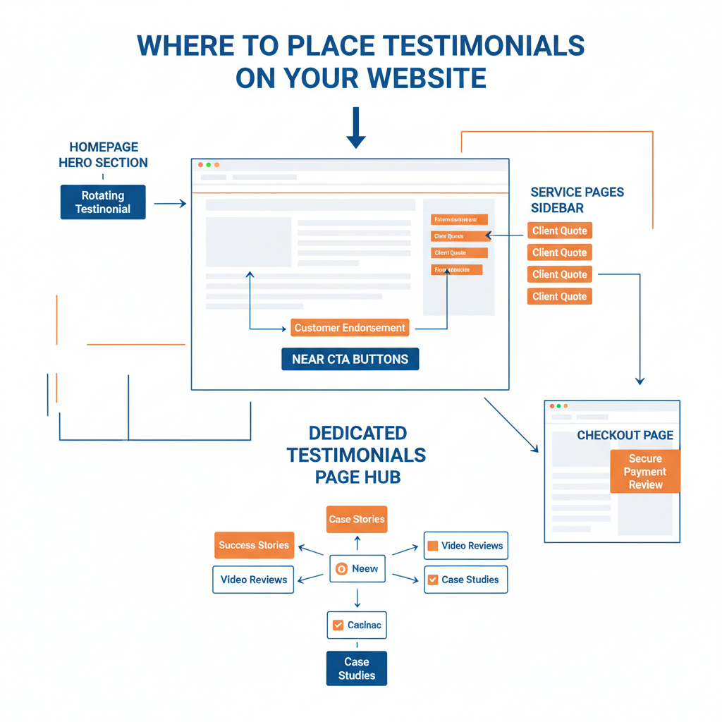 Strategic testimonial placement locations on a website wireframe