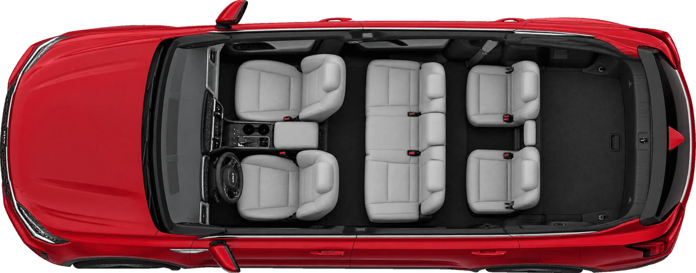 Kia Sorento visto desde arriba sin techo, con la familia acomodada