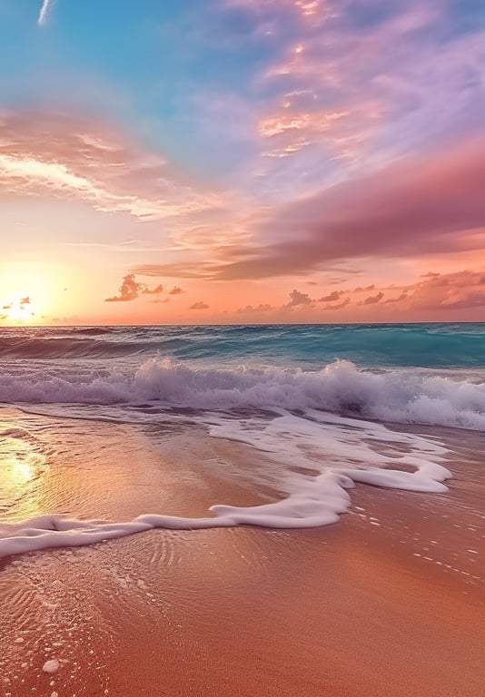 Sandy Beach with blue waves at Sunrise