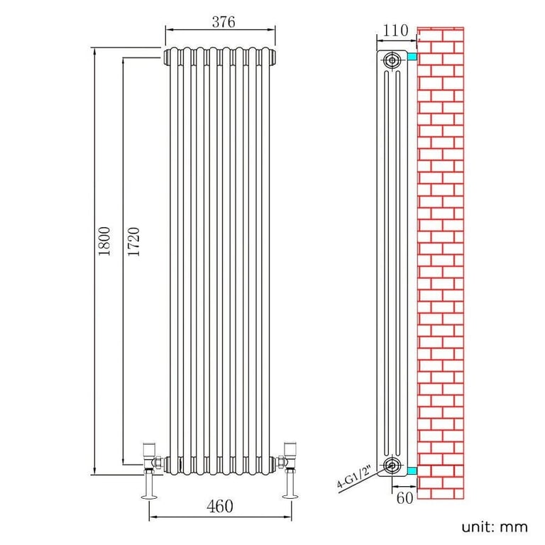 New Triple White Traditional Vertical Radiator 1800 x 376mm RRP £340 Our Price £225