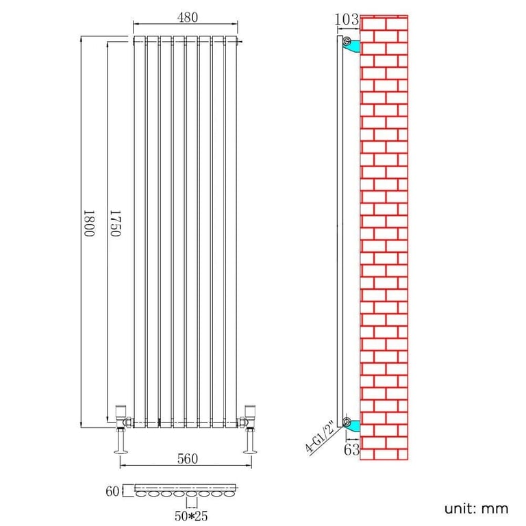 New Single Anthracite Oval Panel Vertical Radiator 1800 x 480mm RRP £280 Our Price £125