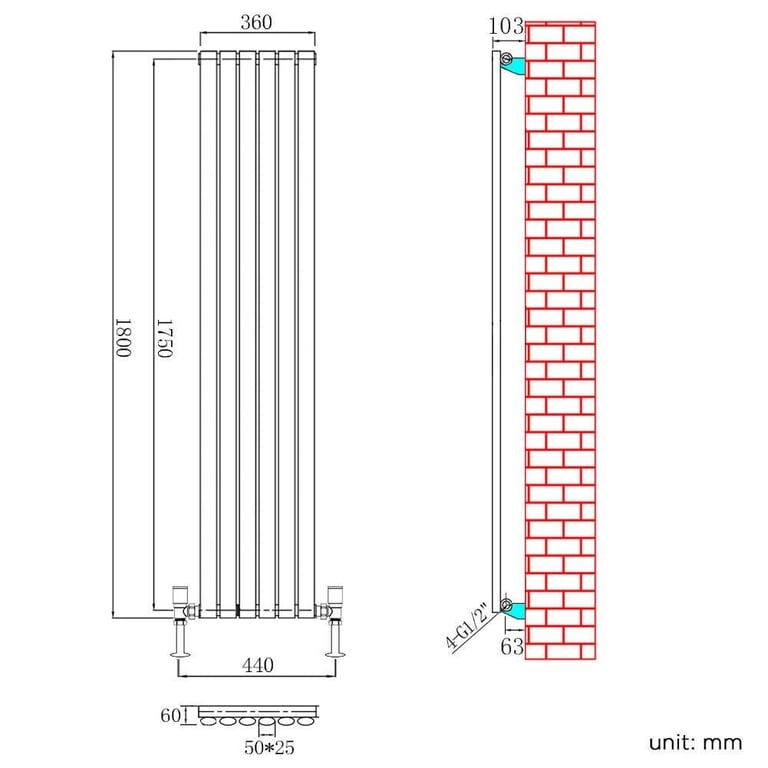 New Single Anthracite Oval Panel Vertical Radiator 1800 x 360mm RRP £220 Our Price £110