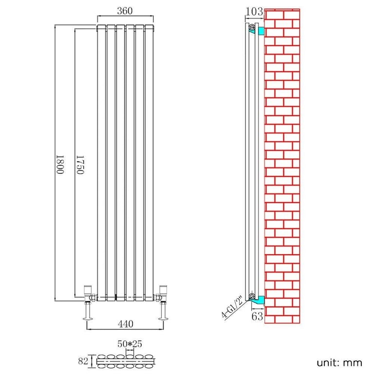 New Double Anthracite Oval Panel Vertical Radiator 1800 x 360mm RRP £350 Our Price £155