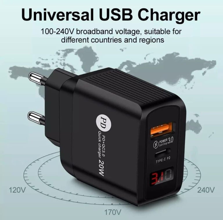 2-in-1 USB Type C PD20W Plug UK Mains Charger LED Digital Display for phone ipad tablet