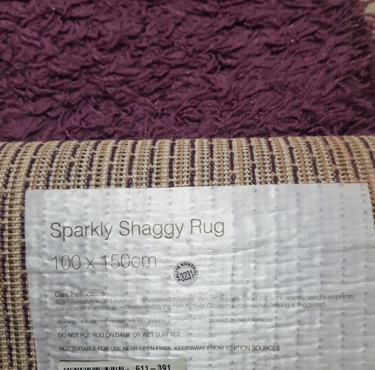 100cm by 150cm Large Purple with sparkles high pile Shaggy Rug