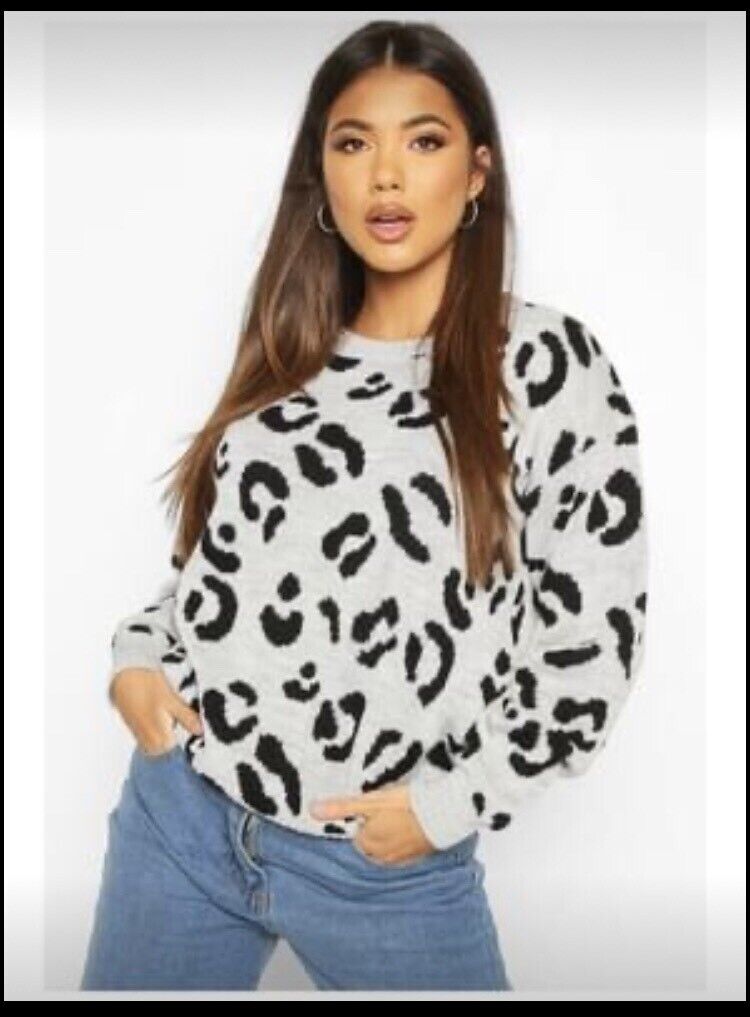 image for Boohoo grey and black leopard print jumper
