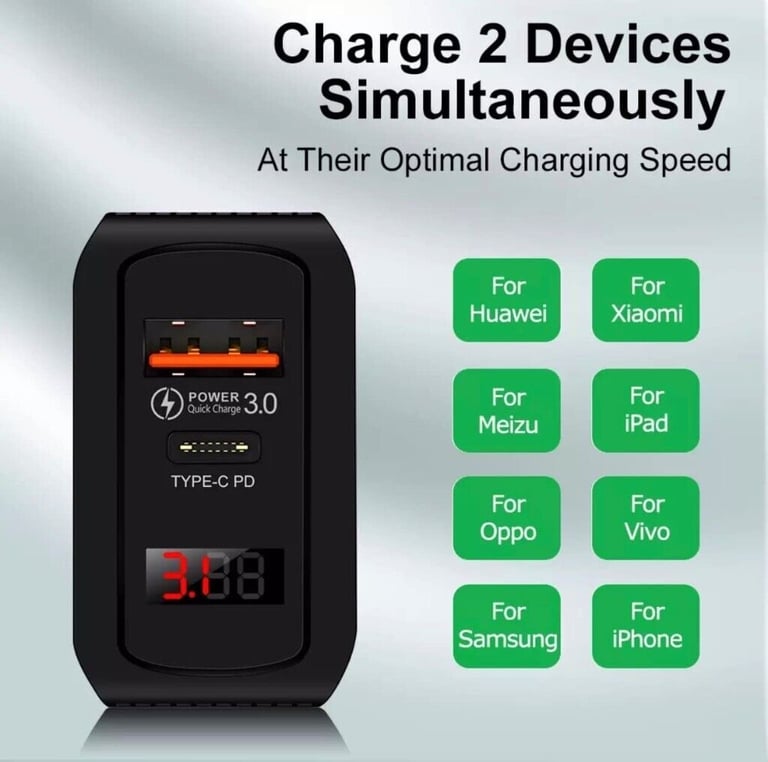 2-in-1 USB Type C PD20W Plug UK Mains Charger LED Digital Display for phone ipad tablet