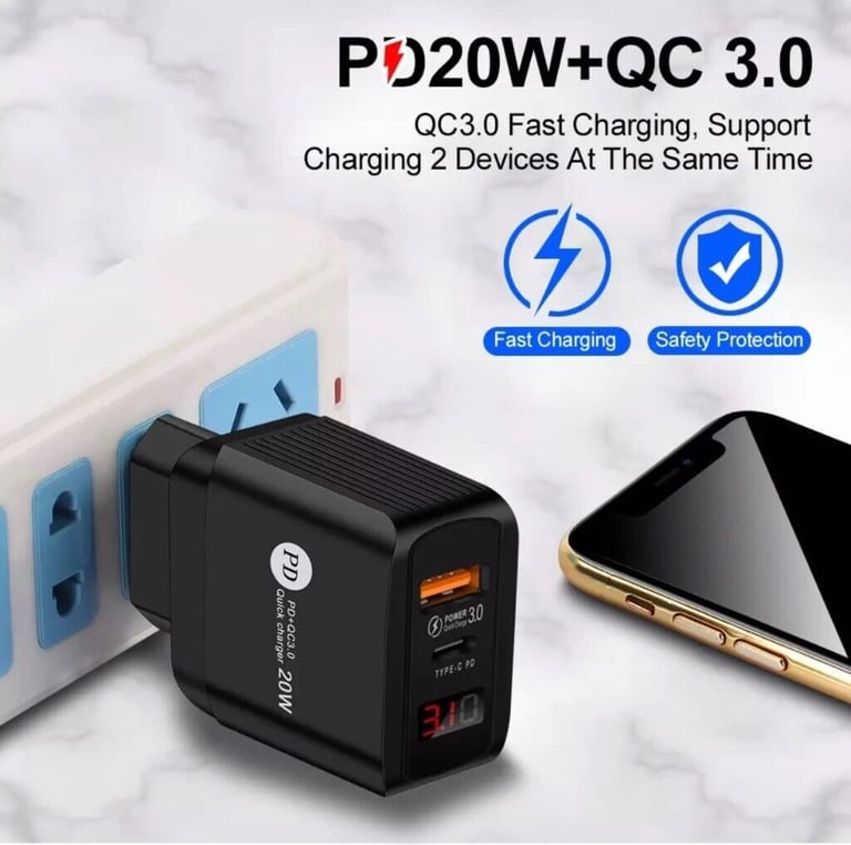 2-in-1 USB Type C PD20W Plug UK Mains Charger LED Digital Display for phone ipad tablet