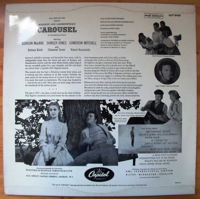 Rodgers & Hammersteins Carousel motion picture soundtrack high fidelity recording vinyl LP. £5 ovno.
