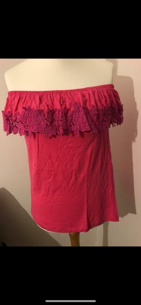 image for Ladies frilled Bardot top pink 