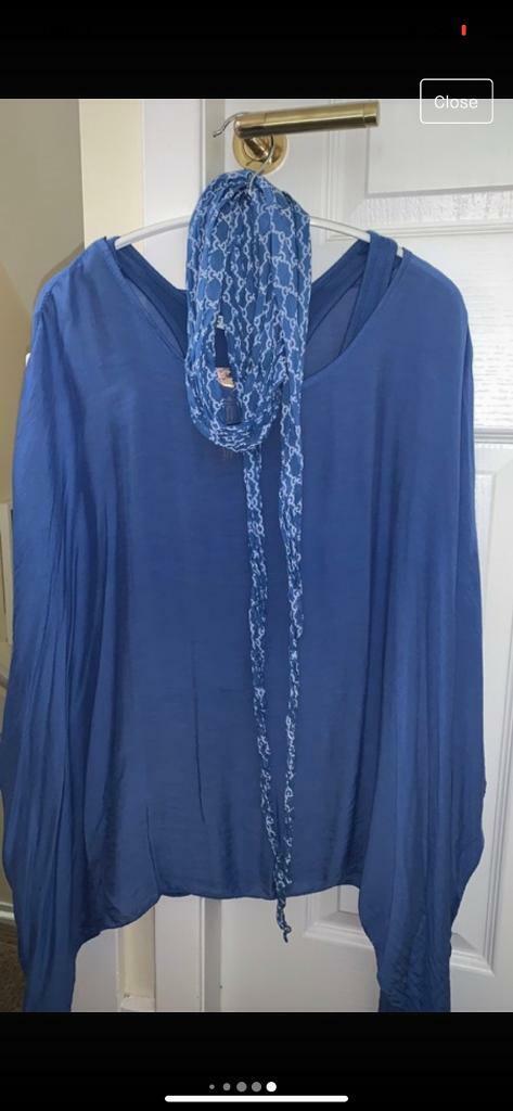 Lovely BNWT blue top with matching vest top and scarf. One size