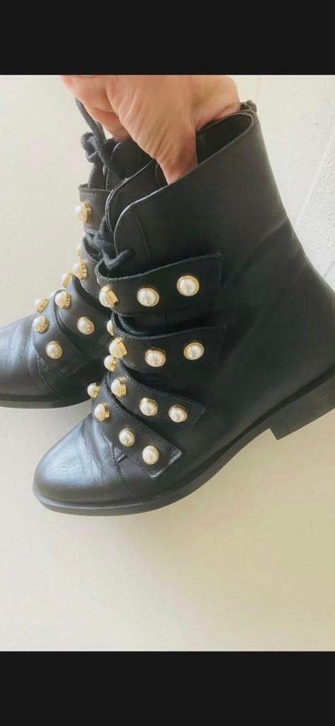 ZARA Women Black Leather Strappy Lace-Up Faux Pearl Ankle Biker Boots EUR  36 | in Sutton Coldfield, West Midlands | Gumtree