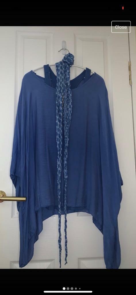 Lovely BNWT blue top with matching vest top and scarf. One size