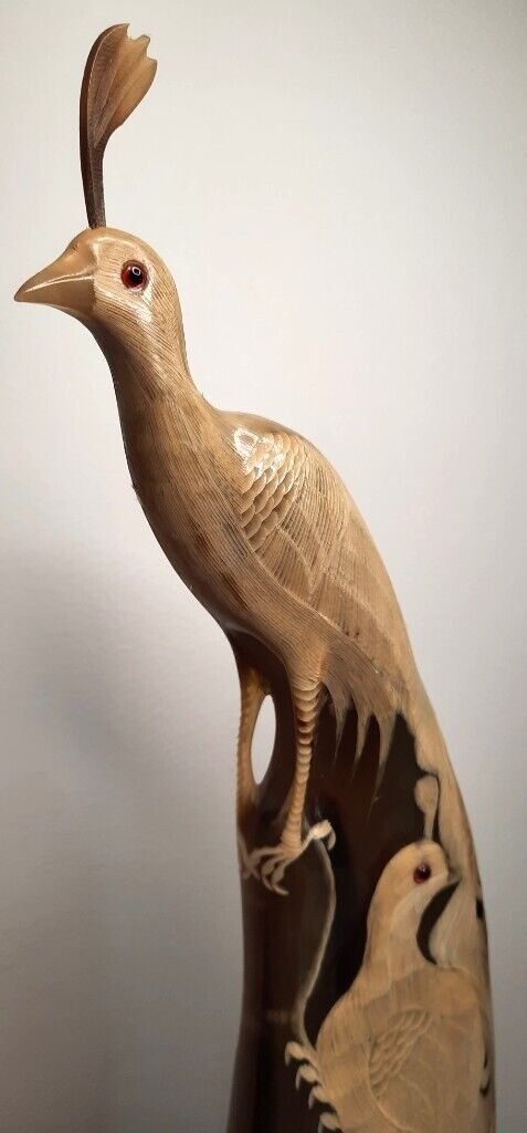 image for Antique Beautifully Carved Horn Peacock Ornament - ONO
