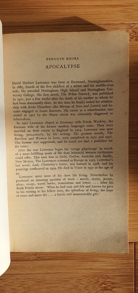 ‘Apocalypse with an introduction by Richard Aldington’, Wrote by D.H.Lawrence