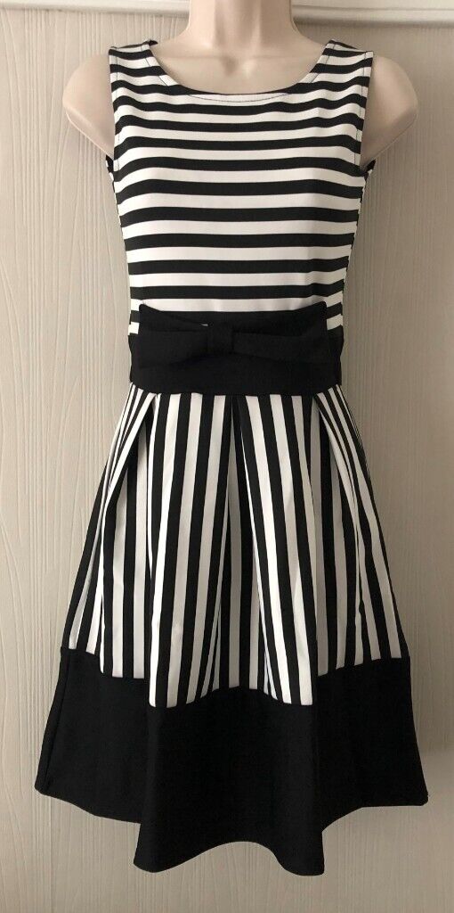 image for Ladies Black & White stripe with bow women's skater dress, size 8