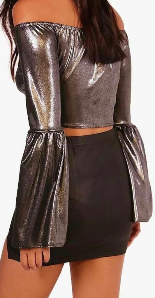 Boohoo Polly Metallic Flare Sleeve Bardot Crop Top Silver Size 10