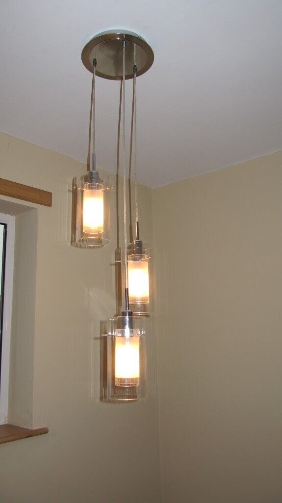  Ceiling lights, suspended, clear glass, tube fittings set of four, sell separate or together