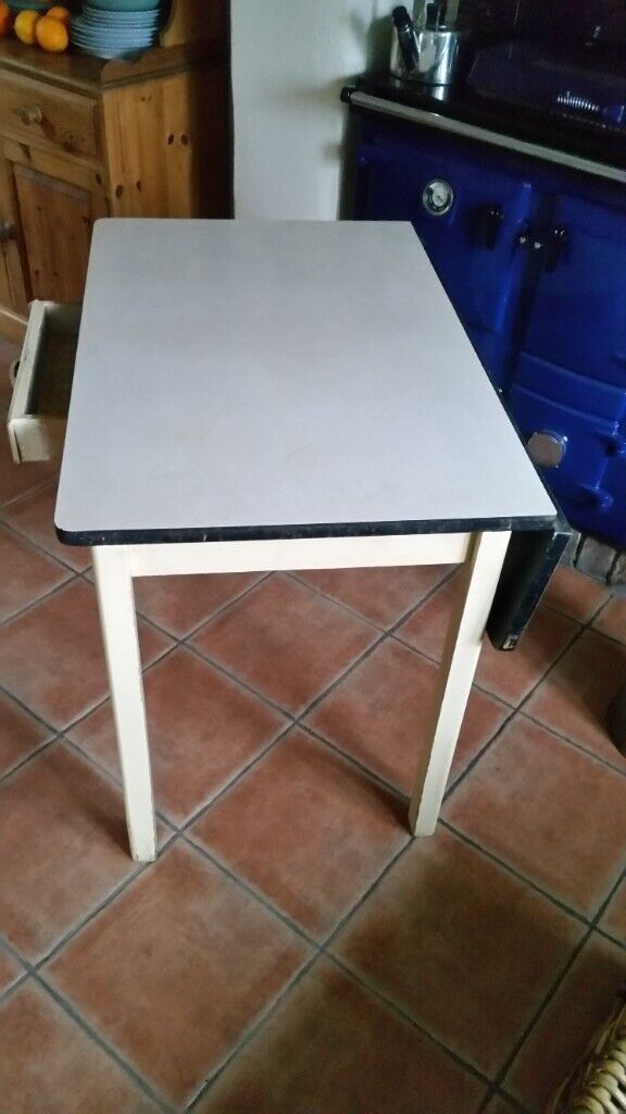 Vintage Retro Formica Table, Drop Leaf With Draw, Ideal For Kitchen/Garden.