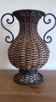 VINTAGE RATTEN FLOWER VASE WITH IRON HANDLES, FRAME AND BASE. HANDMADE