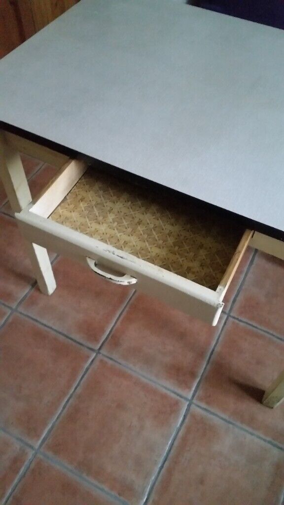 Vintage Retro Formica Table, Drop Leaf With Draw, Ideal For Kitchen/Garden.