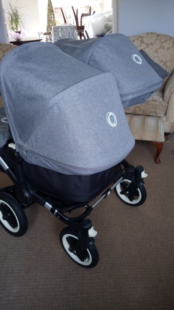 REDUCED Grey Milange Duo Bugaboo Donkey with BRAND NEW Extendable Hoods with vents