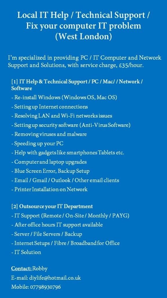 image for Local IT Help / Technical Support / Fix your computer IT problem (West London), £35/hour.
