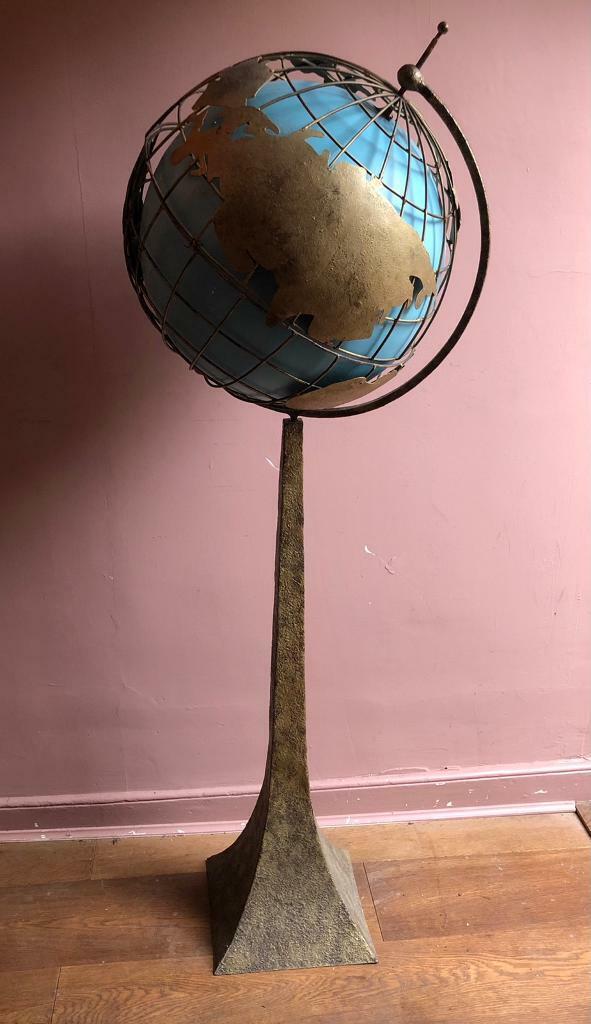 Antique Metal Globe on Slender Metallic Pedestal - 135cm - World Class