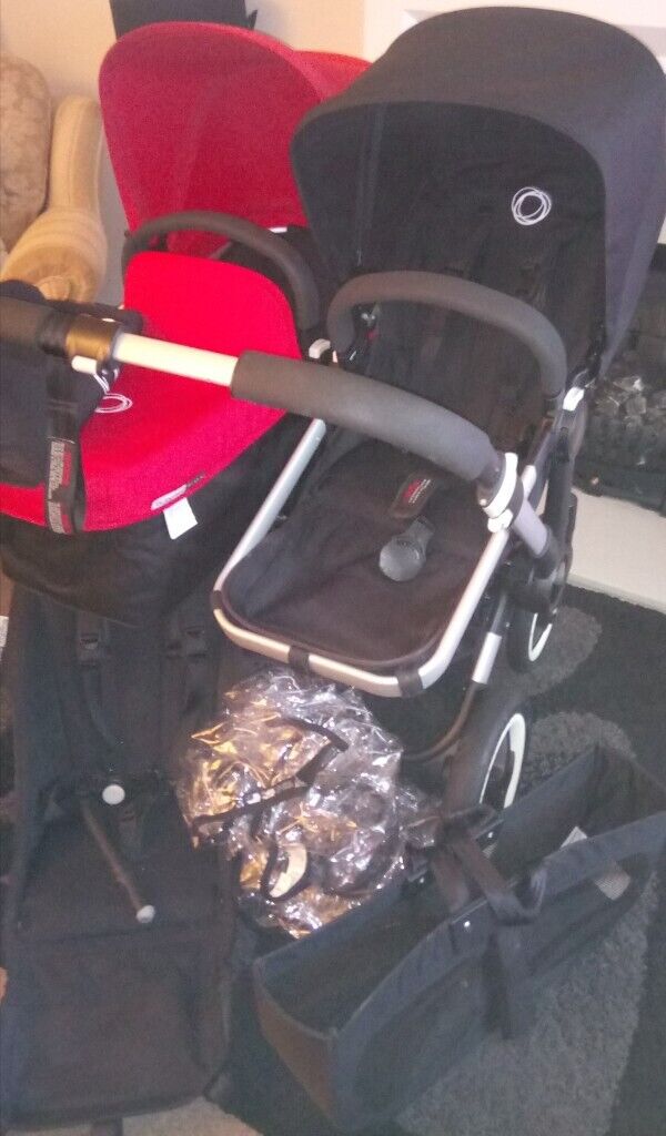 REDUCED Bugaboo Donkey Red/Black Carrycot and 2 Seat Units 