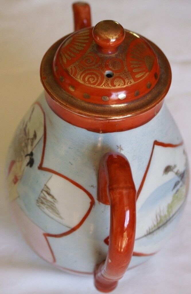 Vintage Kutani Akae-style Teapot with Geisha/Landscape Pattern