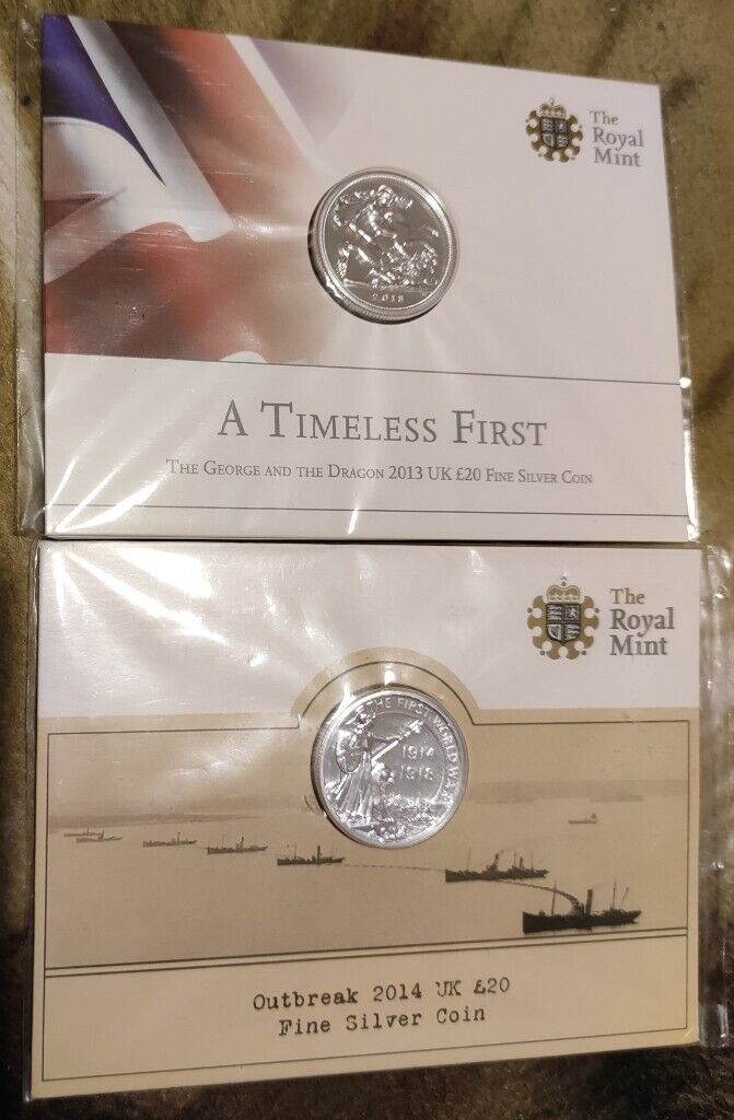 image for UK RM 2014 British 1WW Outbreak+2013 A Timeless First- £20 Silver Coin, NICE FOR GIFT!