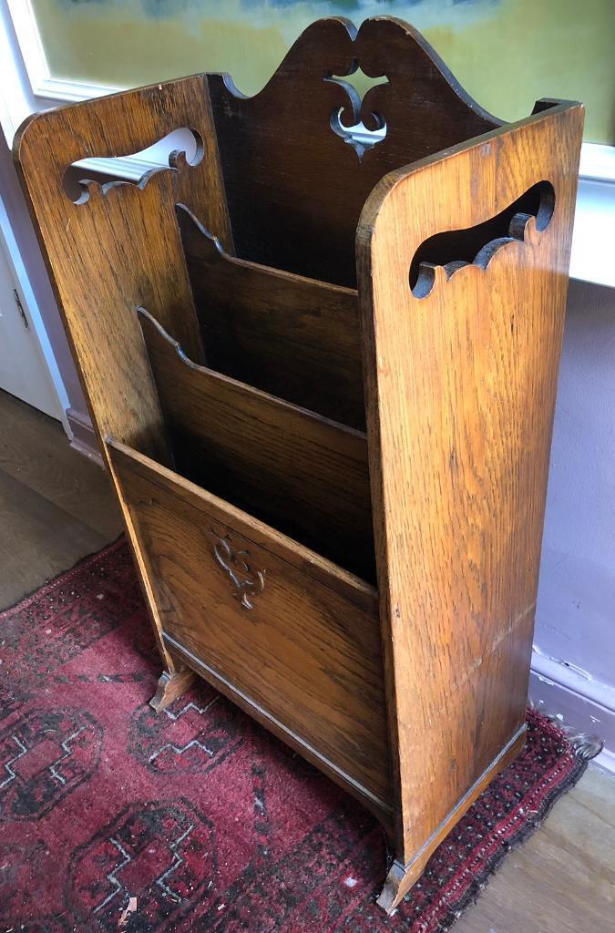 Edwardian 3 Compartment Oak Magazine Rack