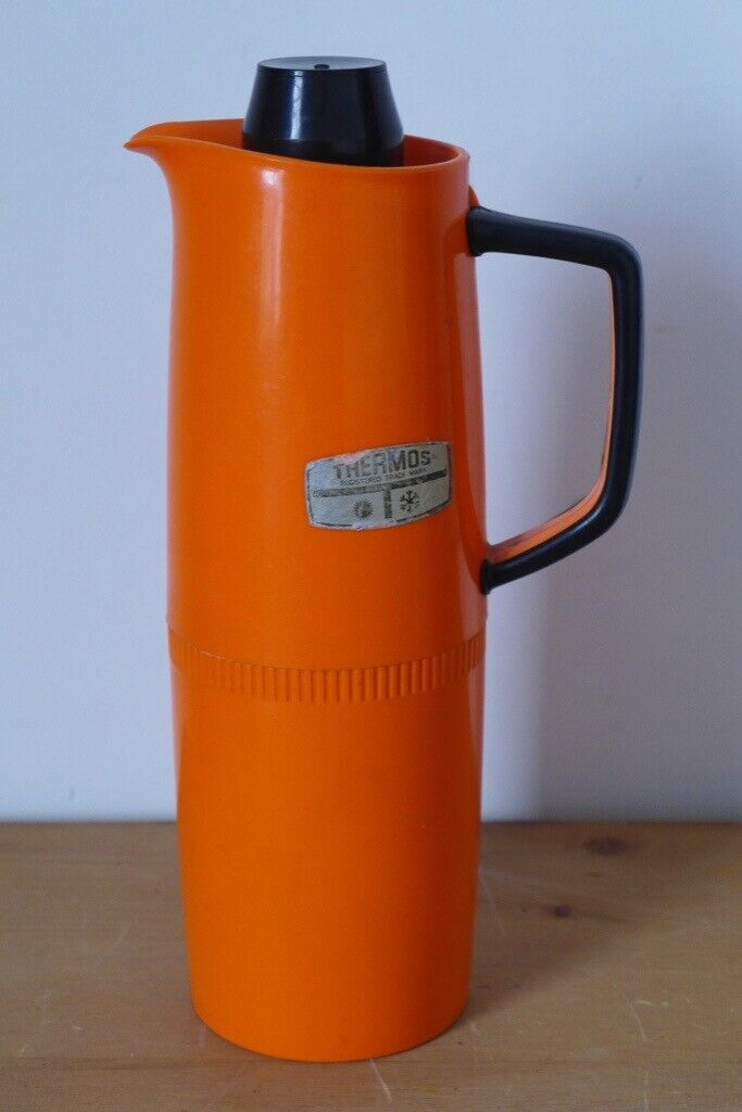 image for Kitchenalia: Vintage 1950s/1960s Jug-shaped Thermos Flask in Orange and black.